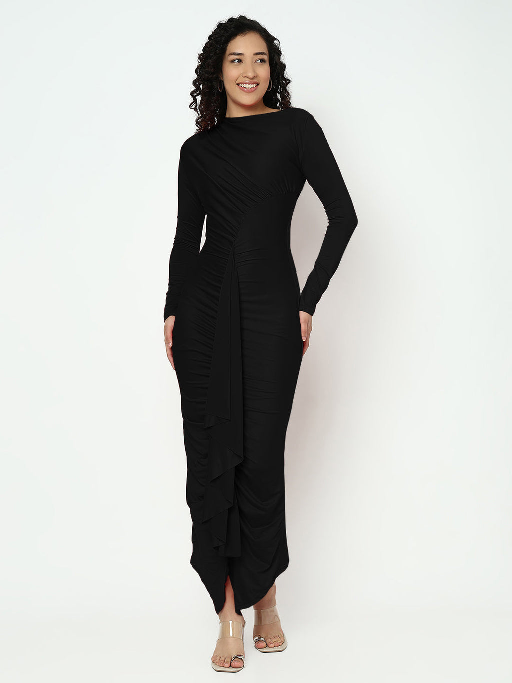 Women's Black Long Sleeve Ruched Bodycon Maxi Dress with Ruffles