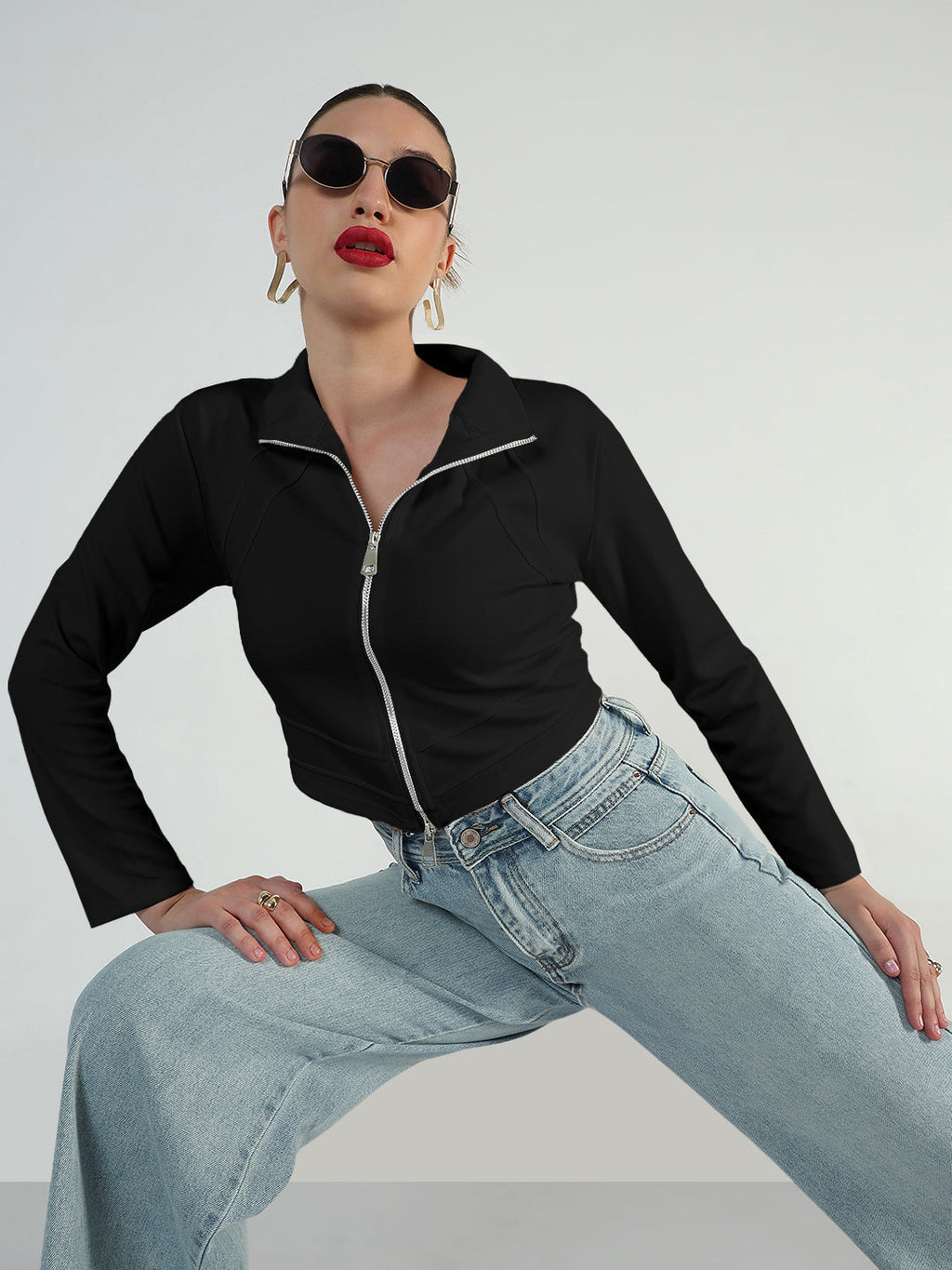 Women's Black Full Sleeve Zipper Short Top