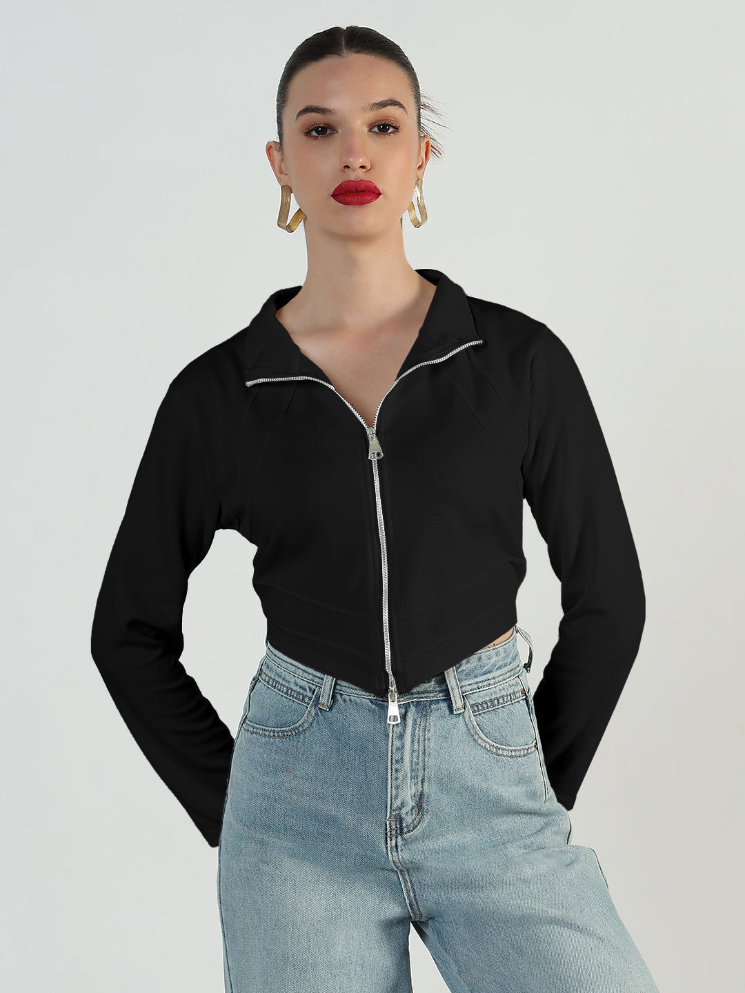 Women's Black Full Sleeve Zipper Short Top