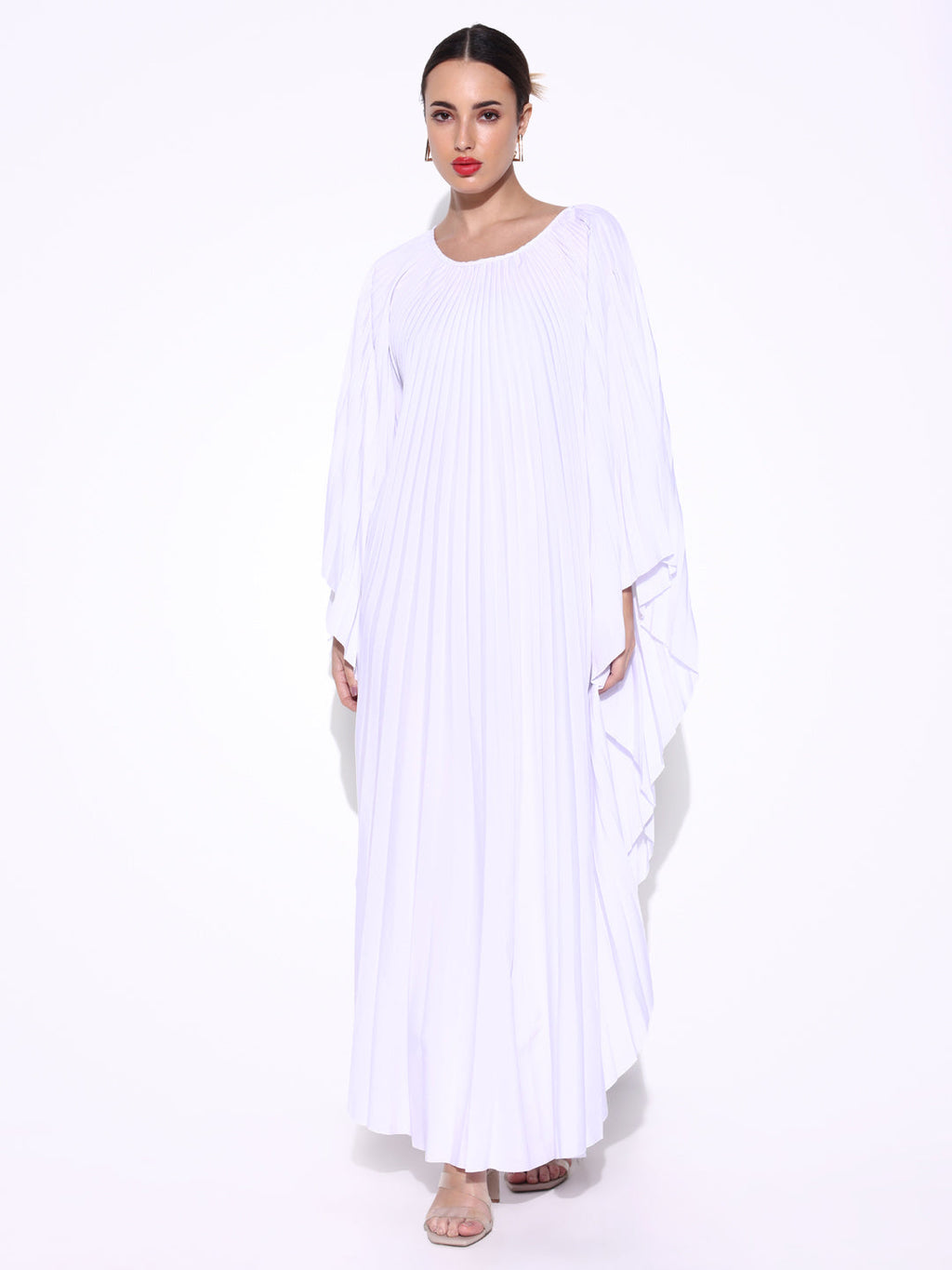 Women's Pleated White Butterfly Sleeves Kaftan Maxi Dress