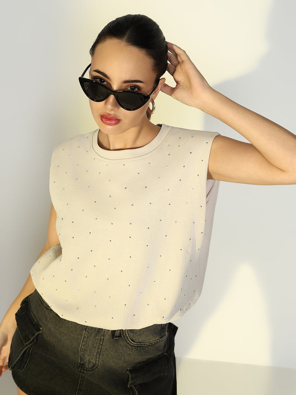Women's Embellished Cream Boxy Fit Top