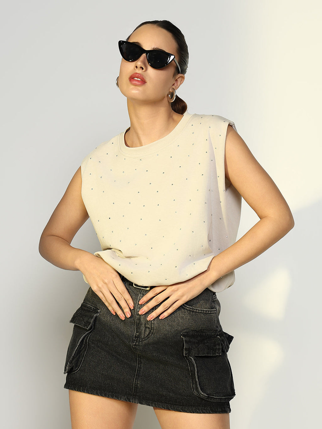 Women's Embellished Cream Boxy Fit Top
