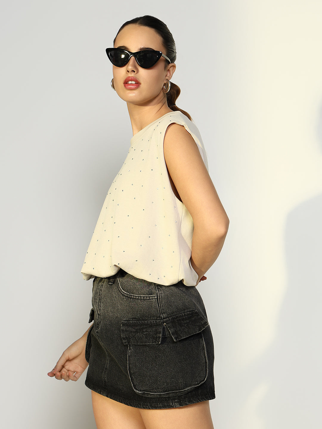 Women's Embellished Cream Boxy Fit Top