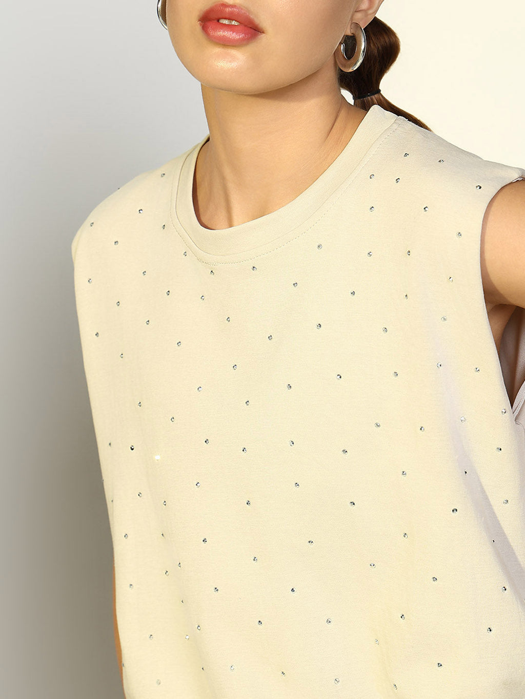 Women's Embellished Cream Boxy Fit Top