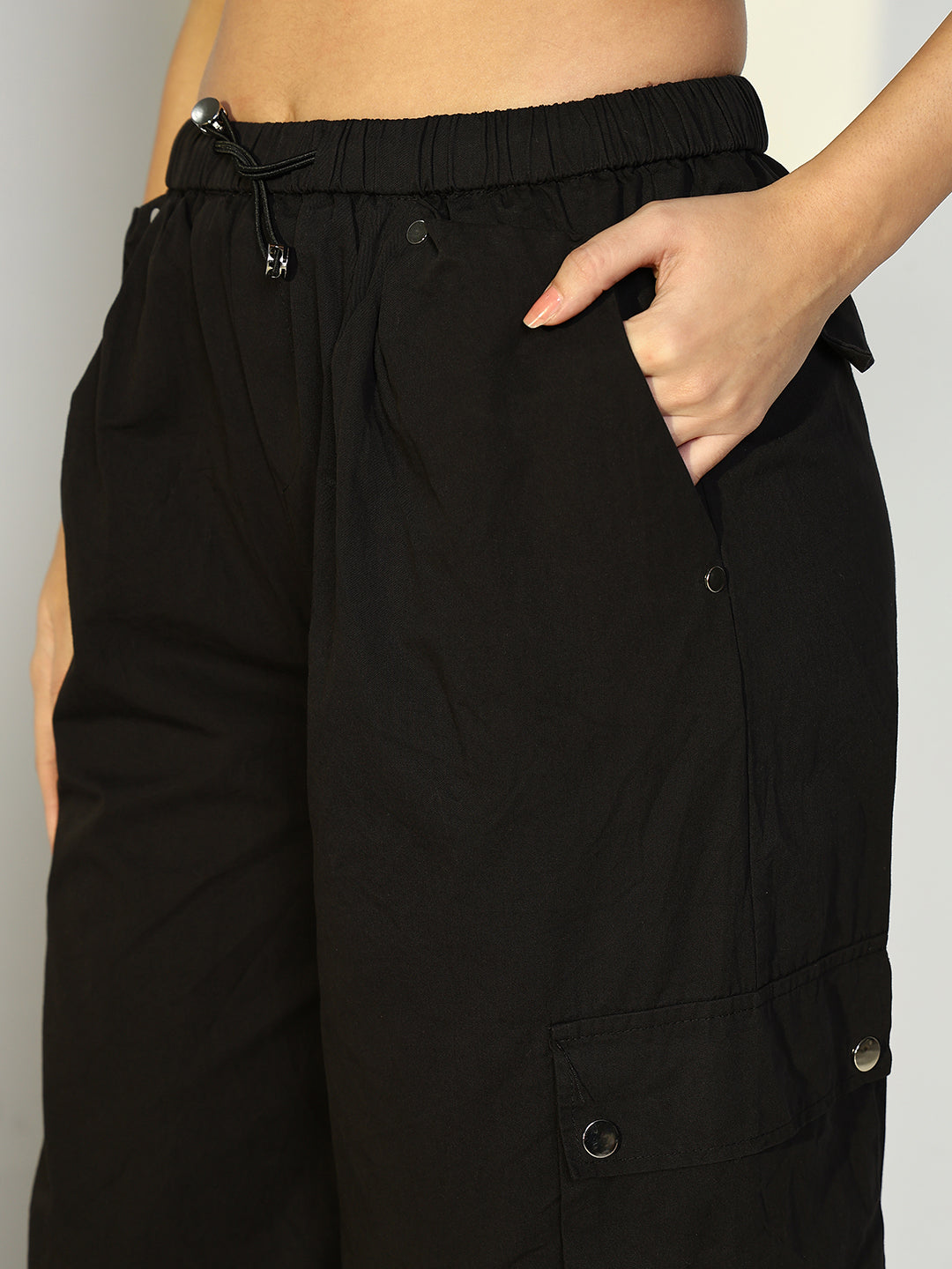 Women's Black Parachute Cargos with Side Pockets