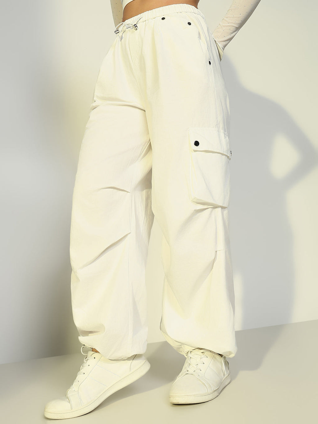 Women's Off White Parachute Cargos with Side Pockets