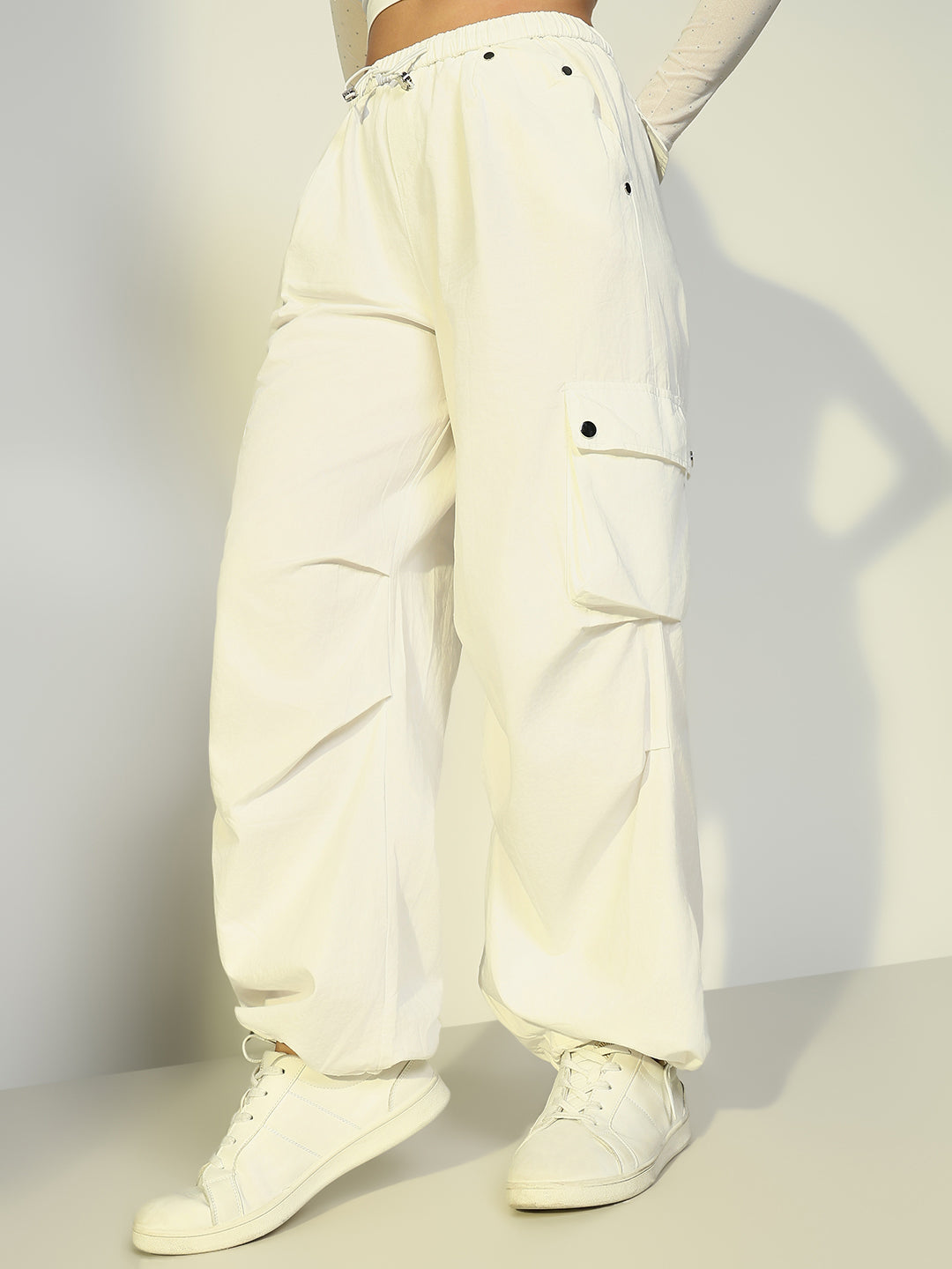 Women's Off White Parachute Cargos with Side Pockets