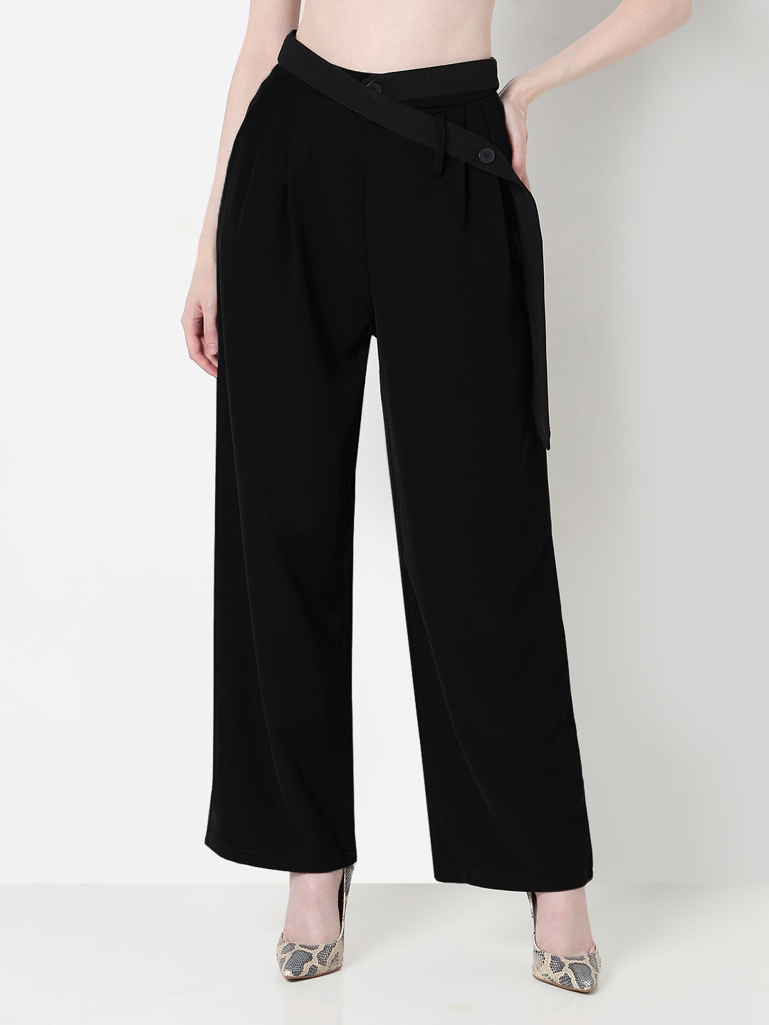 Women's Black Pleated Trousers with Attached Belt