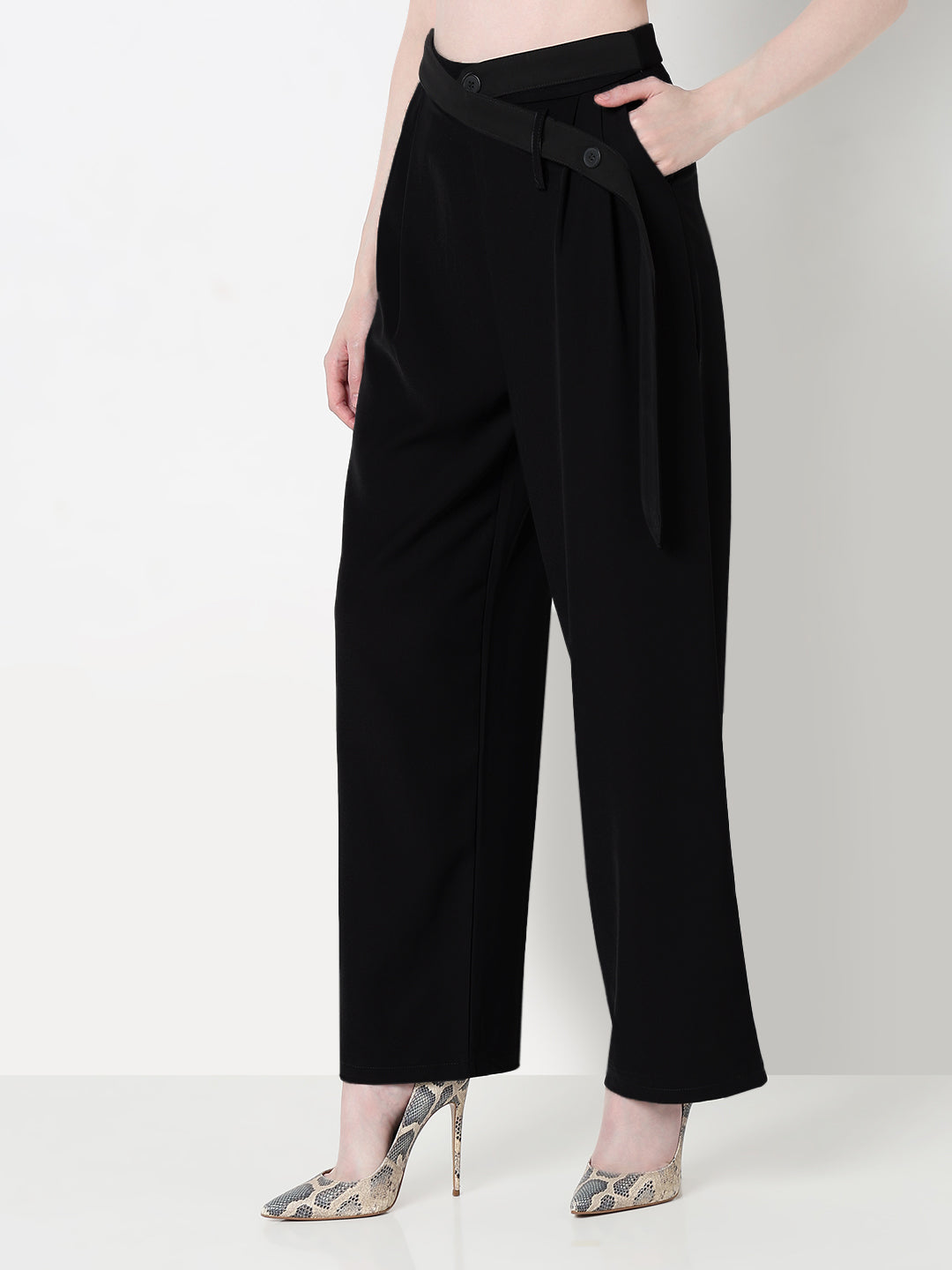 Women's Black Pleated Trousers with Attached Belt