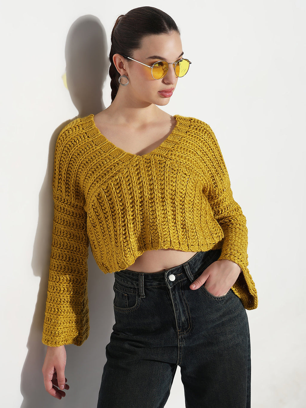 Women's Mustard V-Neck Knitted Crop Top