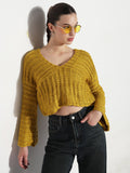 Women's Mustard V-Neck Knitted Crop Top
