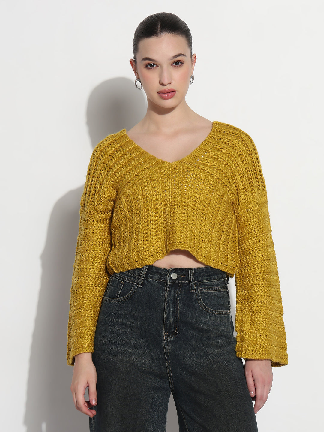 Women's Mustard V-Neck Knitted Crop Top