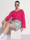 Women's Pink V-Neck Knitted Crop Top