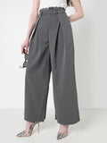 Women's Grey Wide Leg Formal Trousers with Lace Trim Detail