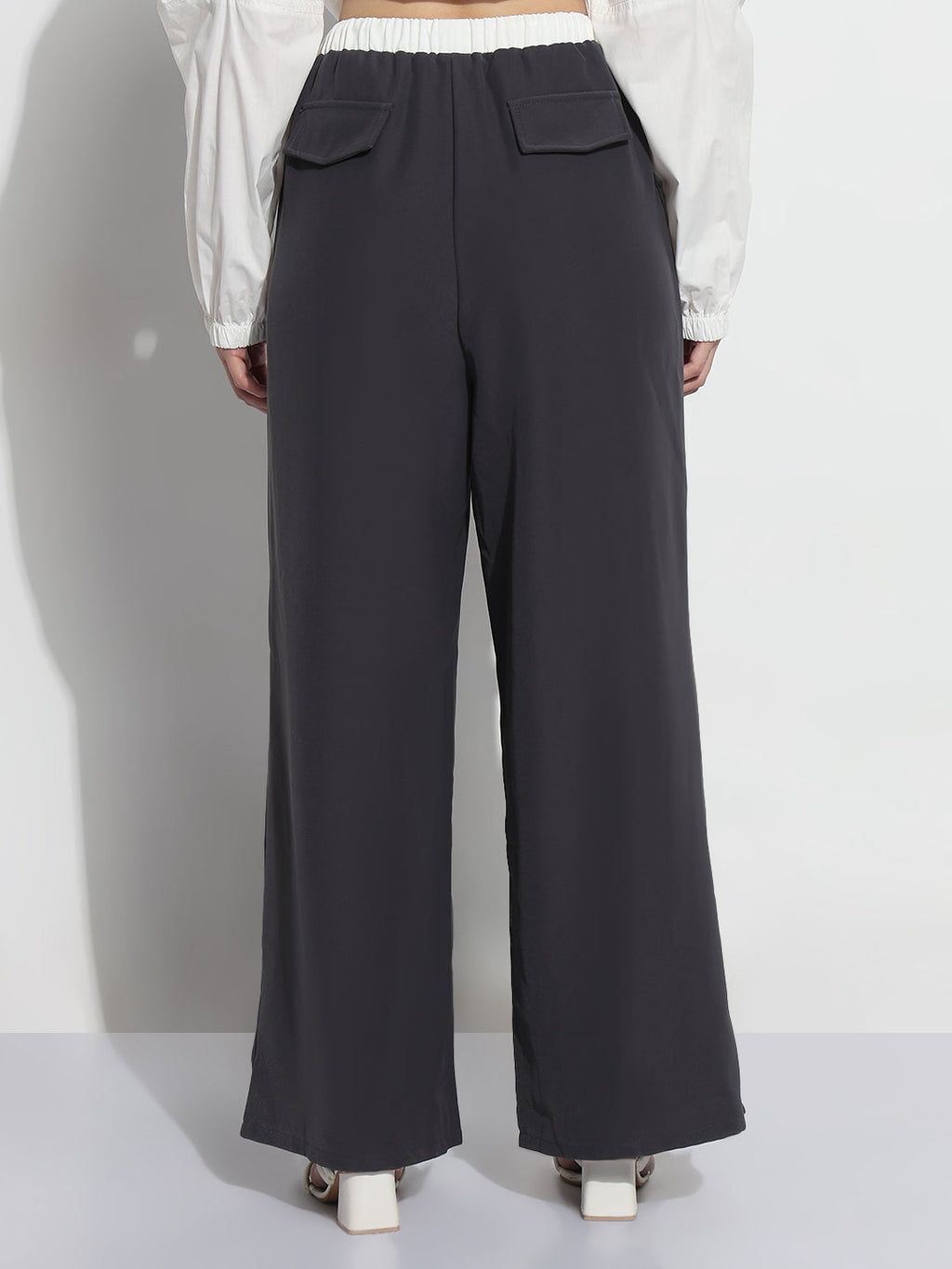 Women's Grey Pleated Relaxed Fit Trousers with Contrast Drawstring Waistband