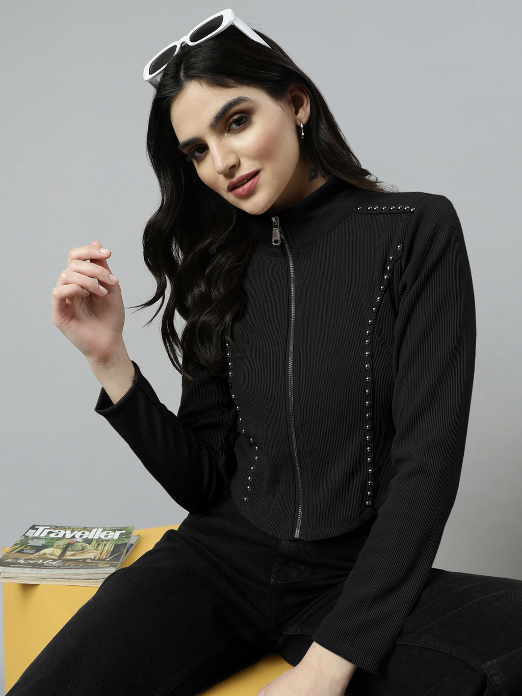 Women’s Black Cropped Zip-Up Long Sleeve Top with Stud Embellishments