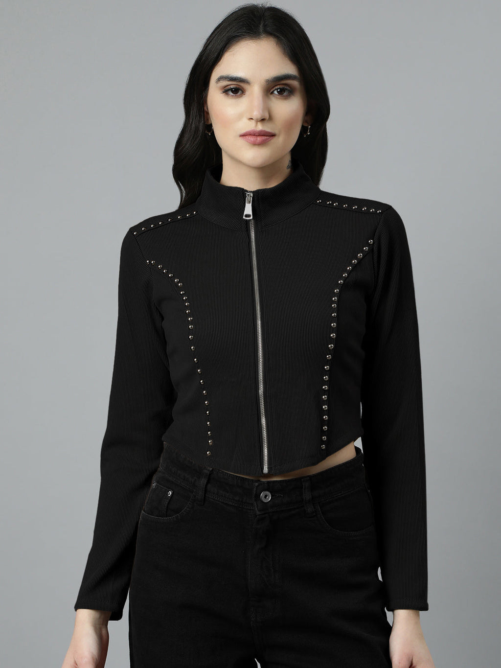 Women’s Black Cropped Zip-Up Long Sleeve Top with Stud Embellishments