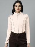 Women’s Off White Cropped Zip-Up Long Sleeve Top with Stud Embellishments