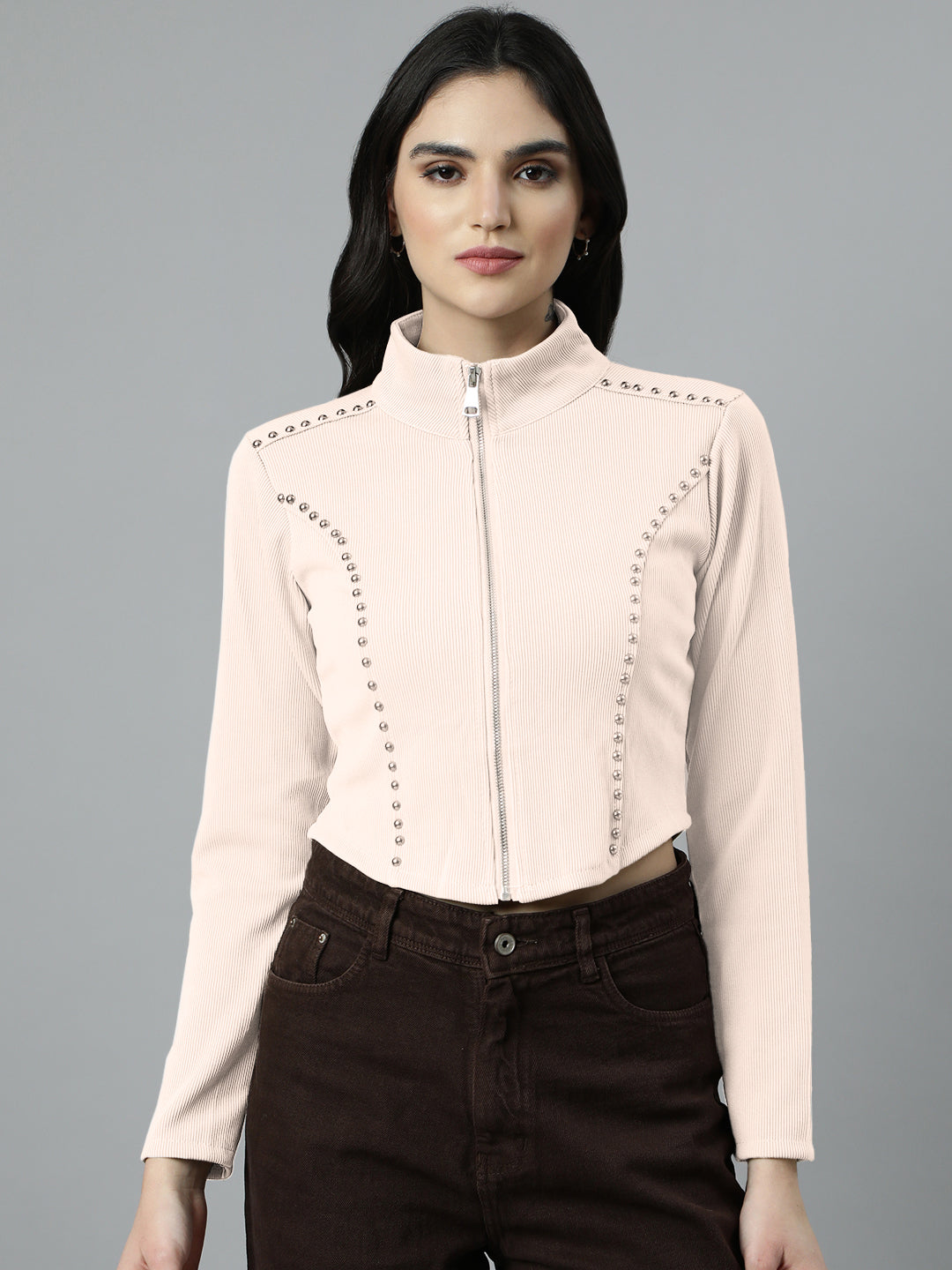 Women’s Off White Cropped Zip-Up Long Sleeve Top with Stud Embellishments