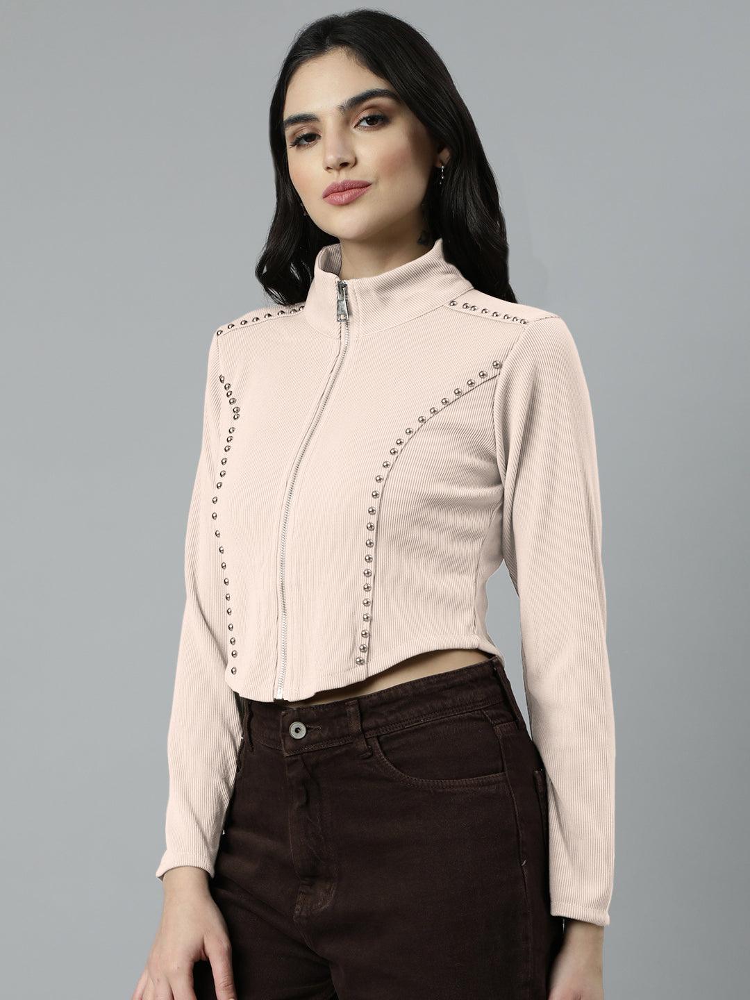 Women’s Off White Cropped Zip-Up Long Sleeve Top with Stud Embellishments