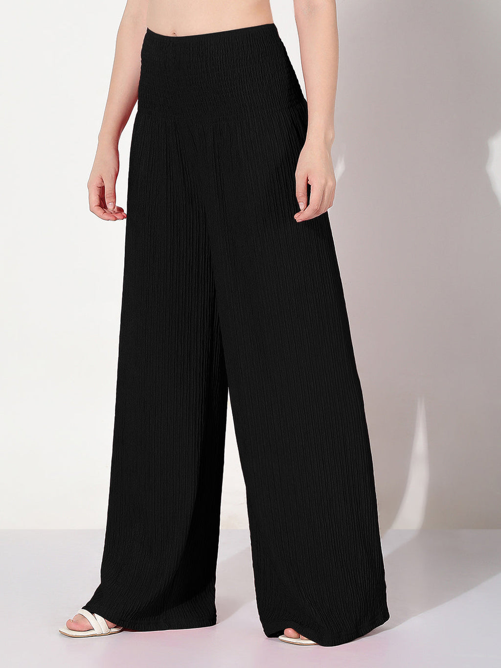 Women's Smocked Black Wide Leg Trouser