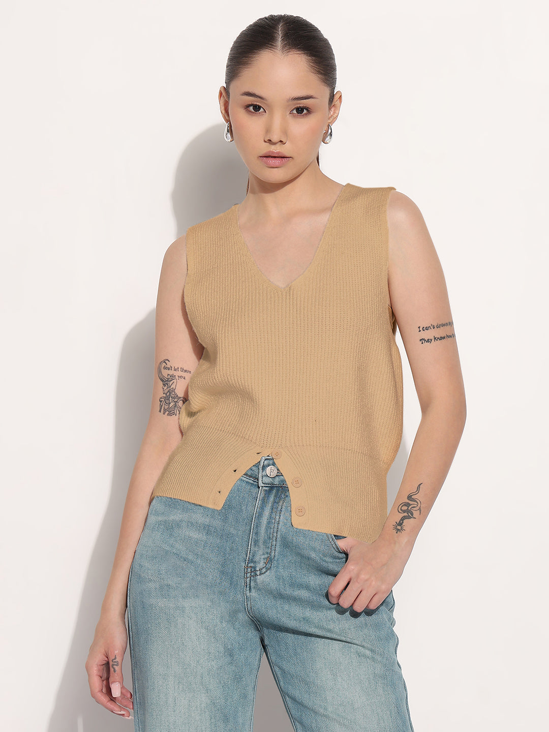 Women's Ribbed Beige V-Neck Sleeveless Knitted Vest Top