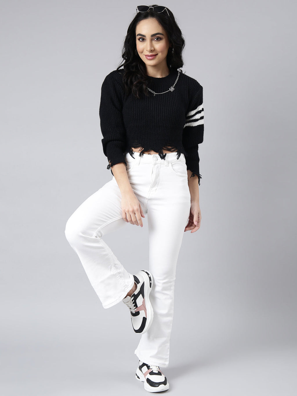 Women's Solid Black Knitted Fringed Crop Top