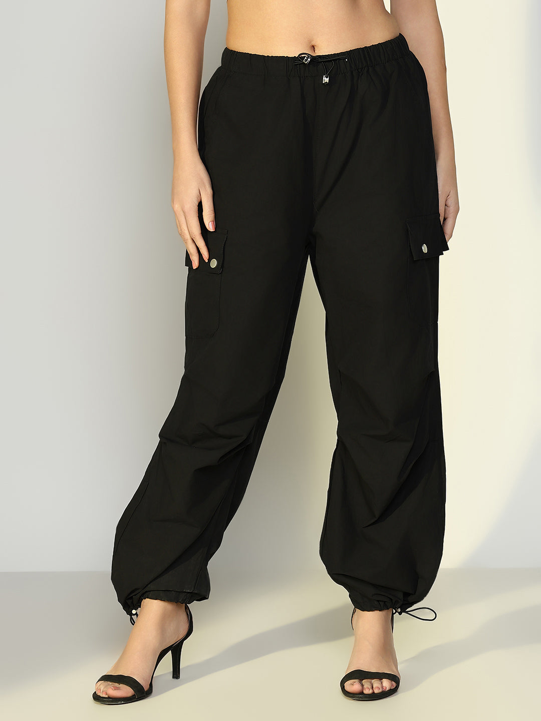 Women's Black Parachute Cargos with Side Pockets