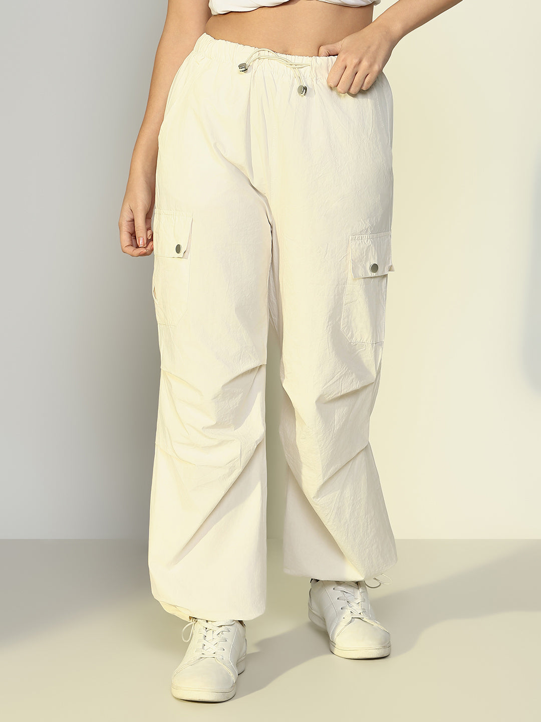 Women's White Parachute Cargos with Side Pockets
