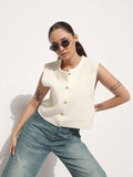 Women's Ribbed Off White Round Neck Sleeveless Knitted Top