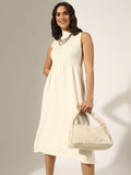 Women's Ribbed  Off White Fit and Flare Midi Sleeveless Dress