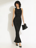 Women's Embellished Black Bodycon Maxi Dress with Criss-Cross Open Back & Tie Detail