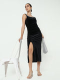 Women's Black Velvet Bodycon Maxi Dress with Embellished Neckline