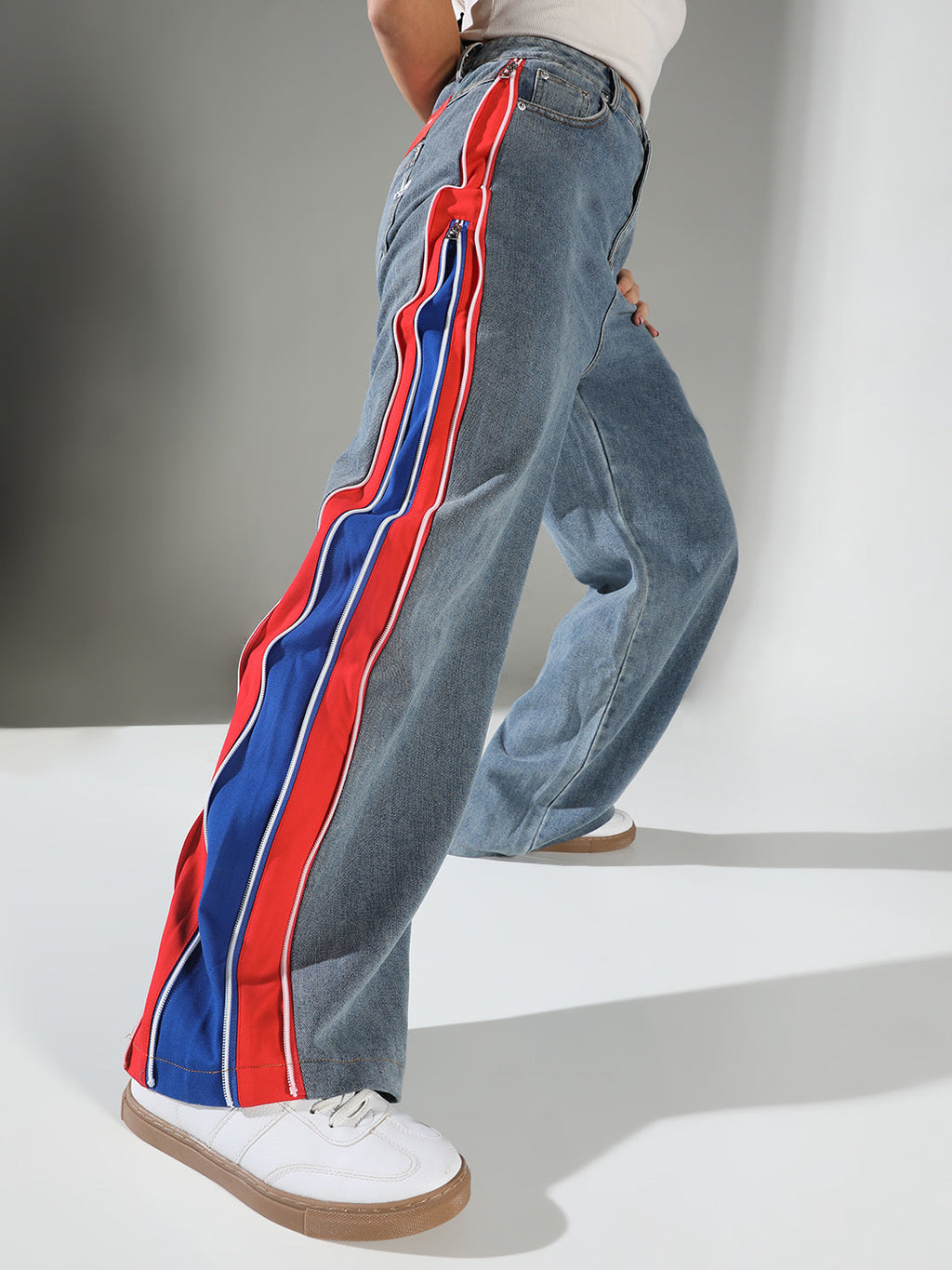 Women's Blue Wide Leg Jeans with Contrast Side Strip and Zip Detail