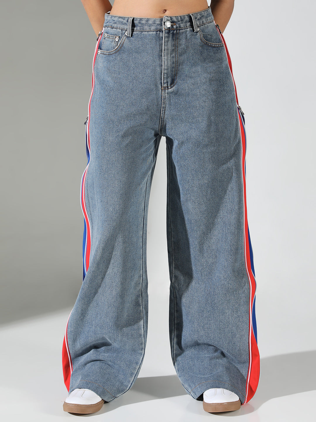 Women's Blue Wide Leg Jeans with Contrast Side Strip and Zip Detail