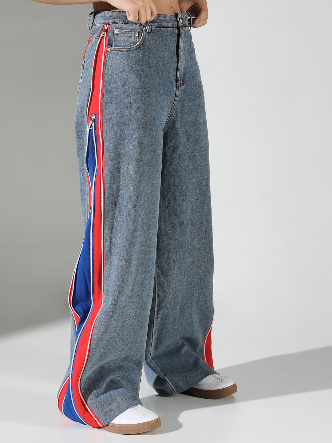 Women's Blue Wide Leg Jeans with Contrast Side Strip and Zip Detail