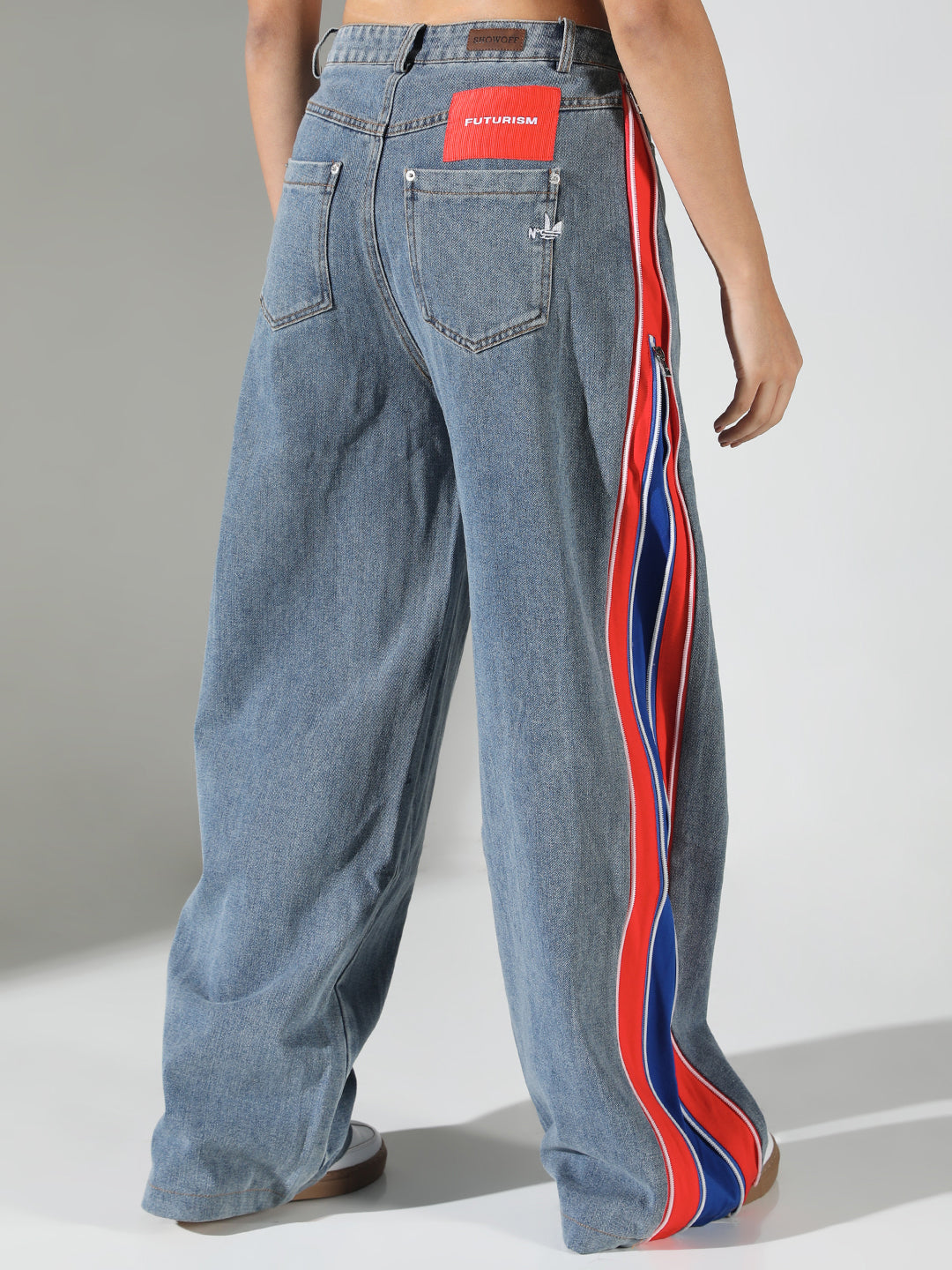 Women's Blue Wide Leg Jeans with Contrast Side Strip and Zip Detail