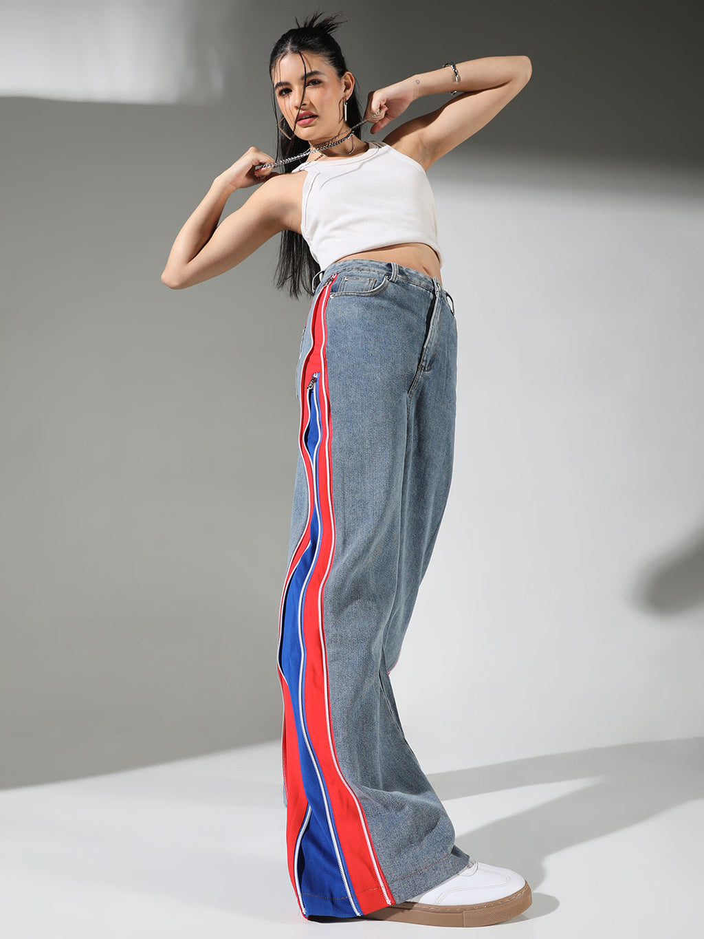Women's Blue Wide Leg Jeans with Contrast Side Strip and Zip Detail