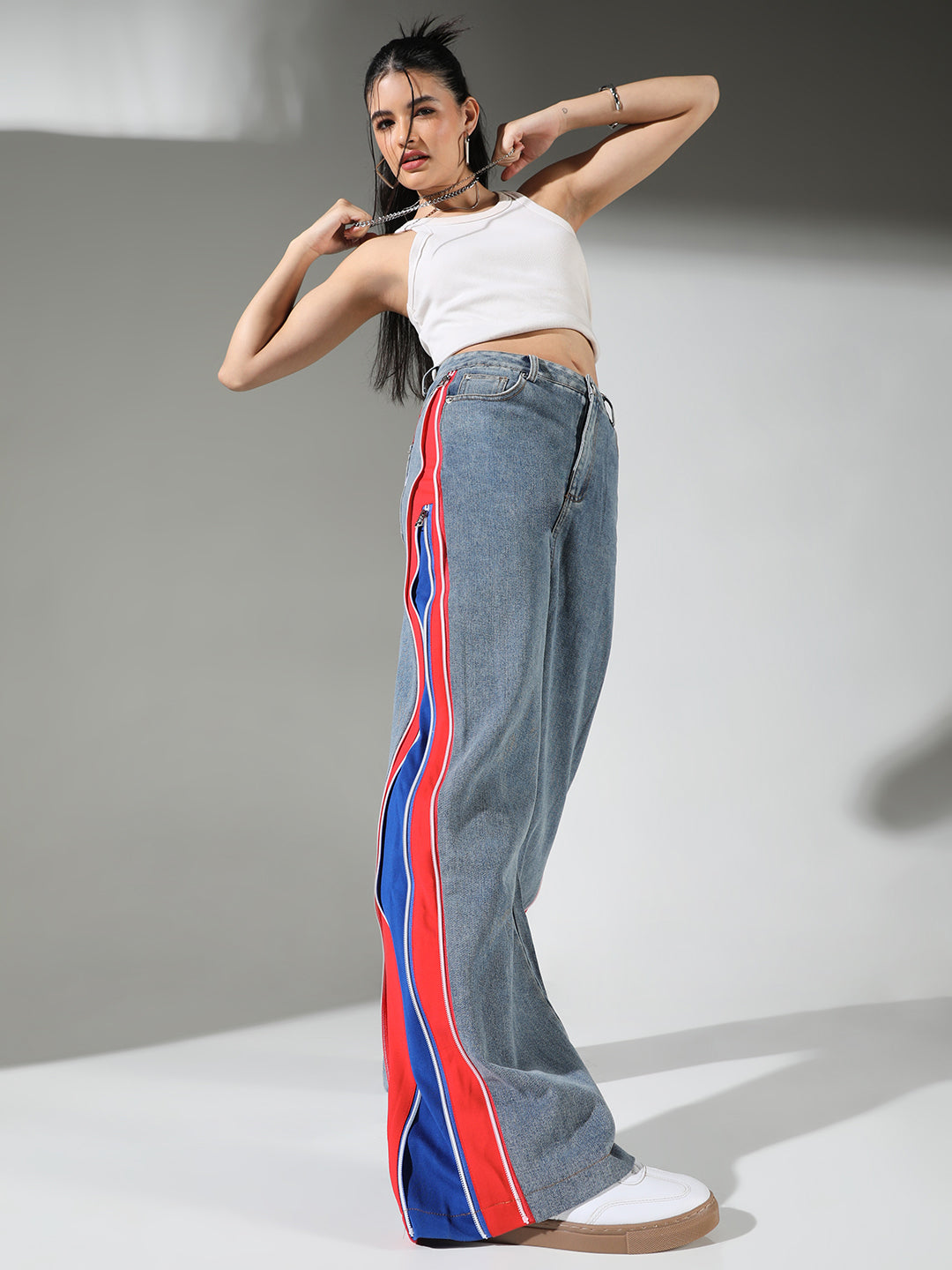 Women's Blue Wide Leg Jeans with Contrast Side Strip and Zip Detail