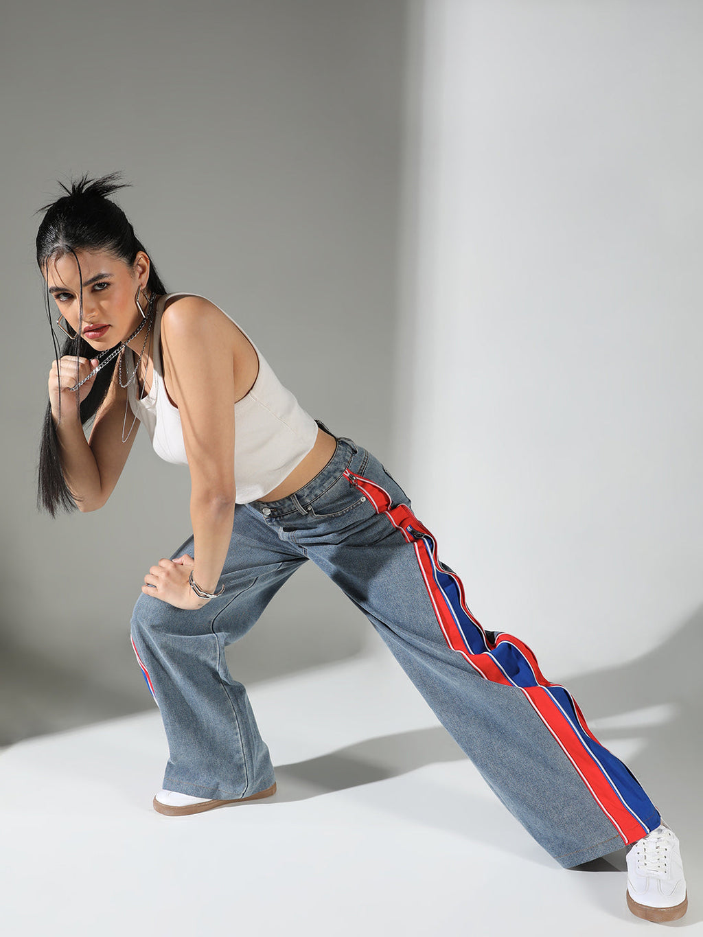 Women's Blue Wide Leg Jeans with Contrast Side Strip and Zip Detail