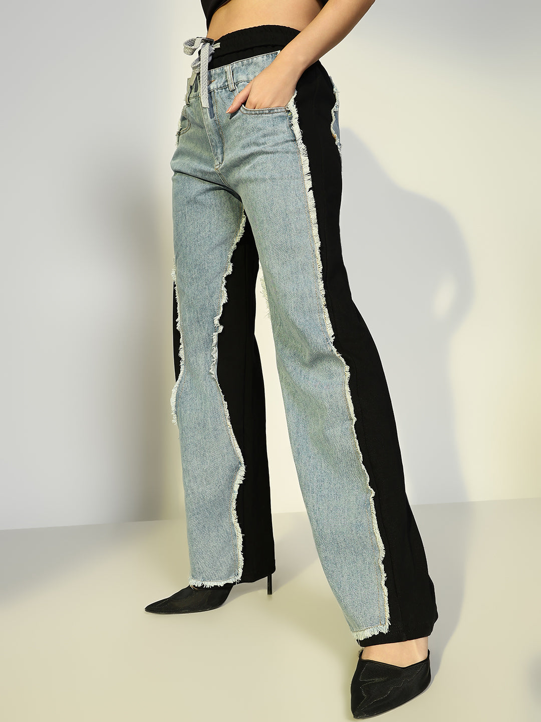 Women's Black Jogger Style Jeans with Denim Patches