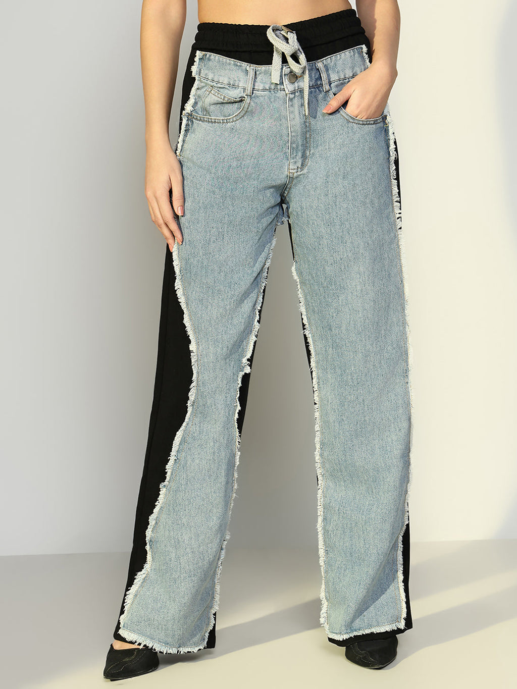 Women's Black Jogger Style Jeans with Denim Patches