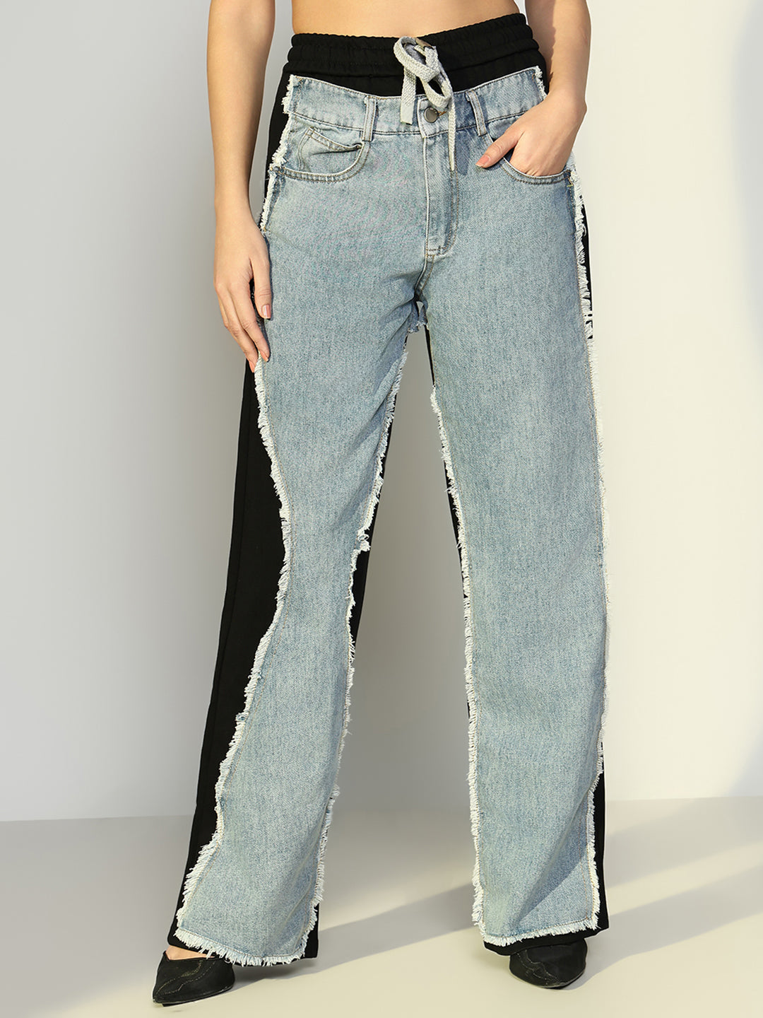 Women's Black Jogger Style Jeans with Denim Patches