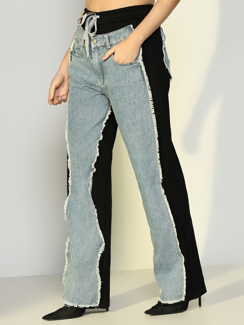 Women's Black Jogger Style Jeans with Denim Patches
