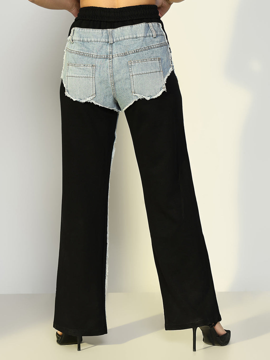 Women's Black Jogger Style Jeans with Denim Patches
