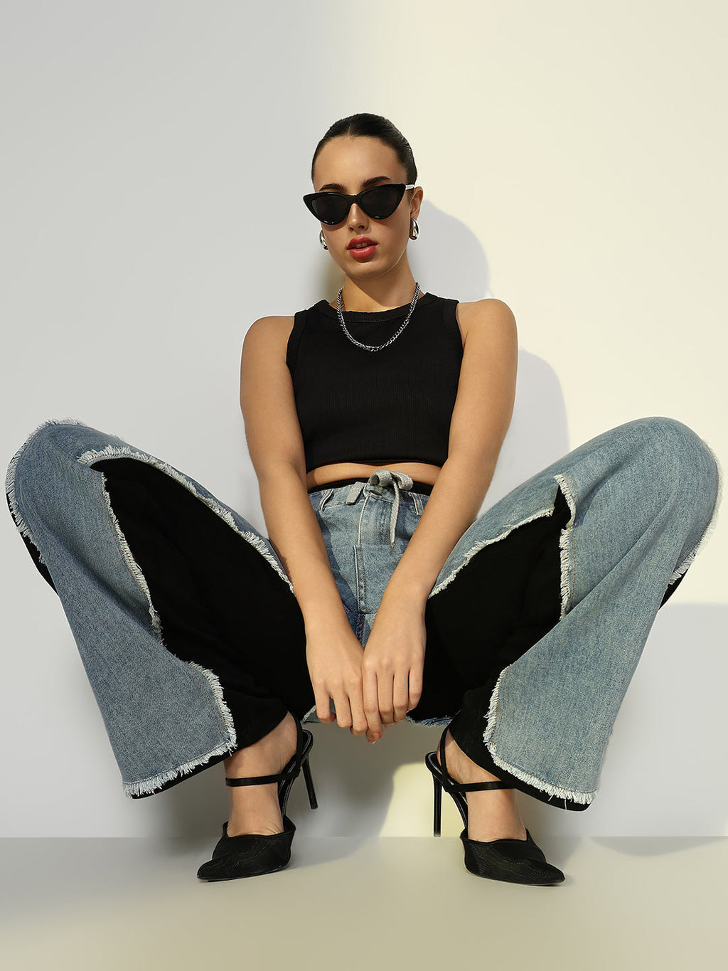 Women's Black Jogger Style Jeans with Denim Patches