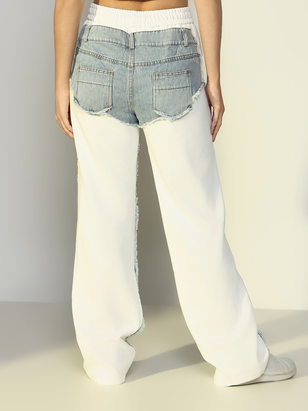 Women's White Jogger Style Jeans with Denim Patches