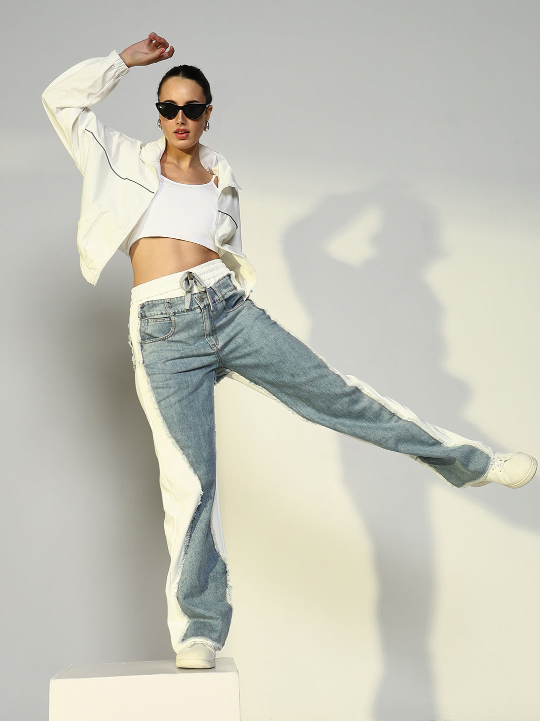 Women's White Jogger Style Jeans with Denim Patches