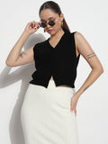 Women's Ribbed Black V-Neck Sleeveless Knitted Top