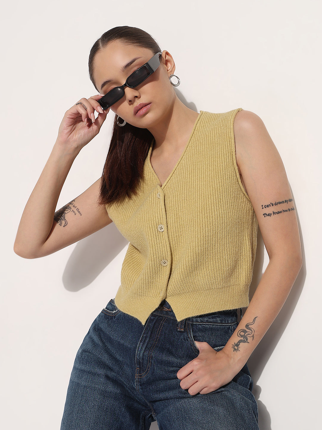 Women's Ribbed Mustard V-Neck Sleeveless Knitted Top